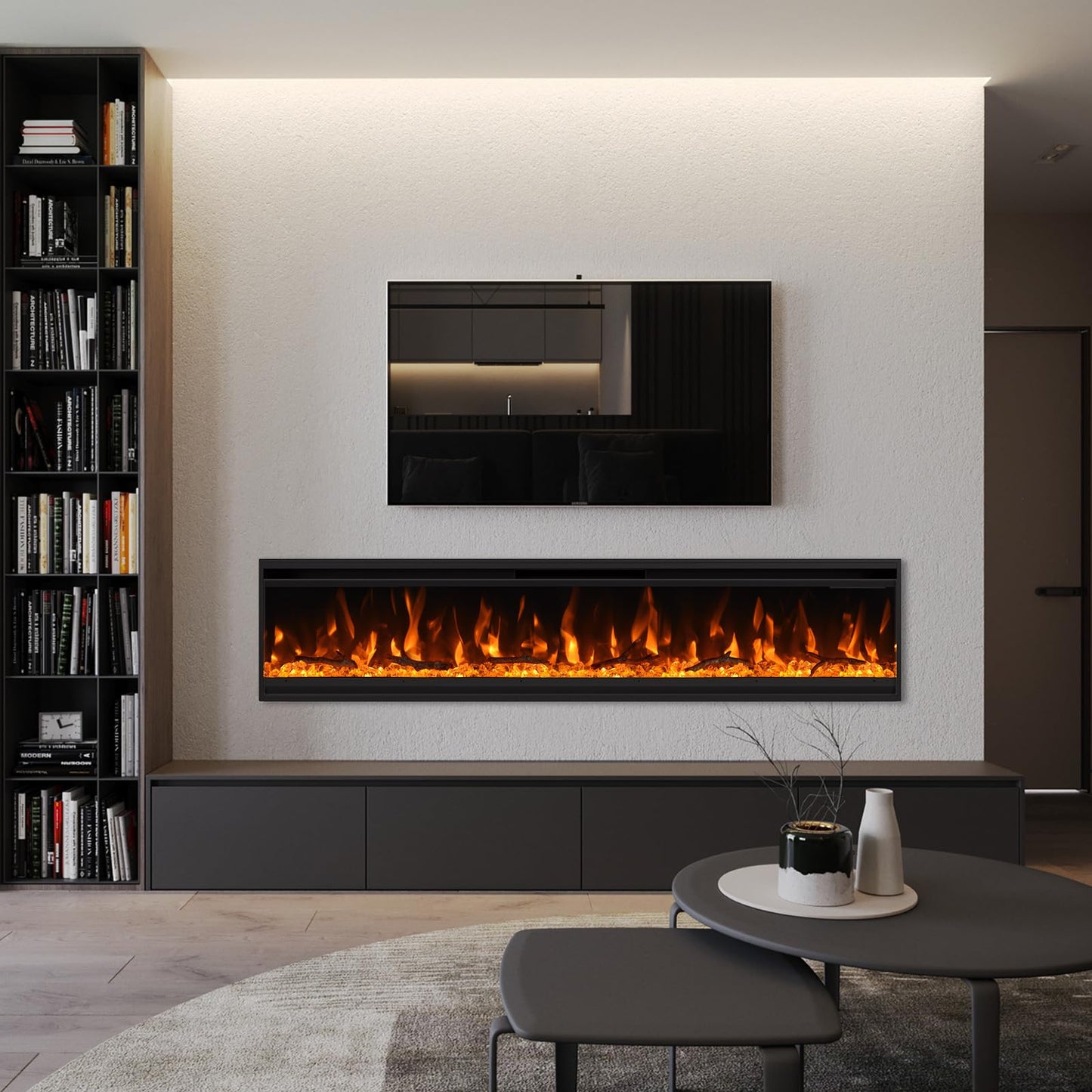 40 inch Electric Fireplace, Ultra-Thin Electric Fireplace Inserts, Ultra-Narrow Frame, Wall Mounted and Recessed Fireplace, Log & Crystal, Touch Screen & Remote Control, 1500W
