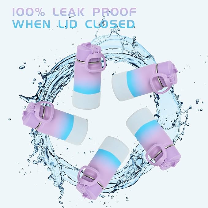 Volhoply 14oz KIds Water Bottle with Straw Lid and Silicone Boot Bulk 2 Pack,Stainless Steel Insulated Cups for Boys & Girls Multipack,Double Wall Vacuum Leakproof Bottles(Mix,2)