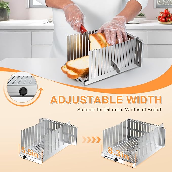 Stainless steel Bread Slicer for Homemade Bread,Adjustable Width,Foldable Compact,Bread Slicing Guide,Bread Loaf Slicer,for Cakes,Bagels,slice is 0.5",Bread width: 5.5"-8.3"(Silvers)