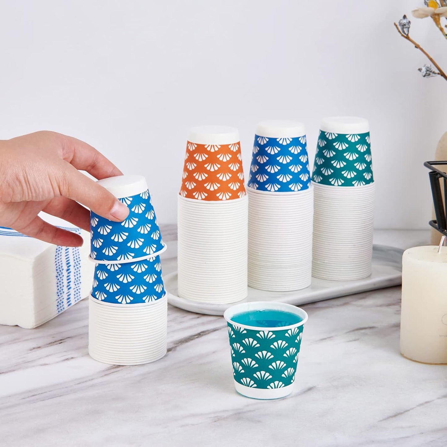 JollyPack 600 Pack 3 oz Disposable Bathroom Paper Cups, Small Mouthwash Cups in Orange, Blue, and Green, Great for Candy, Biscuits, Bathroom Use, Parties, Picnics, and Travel