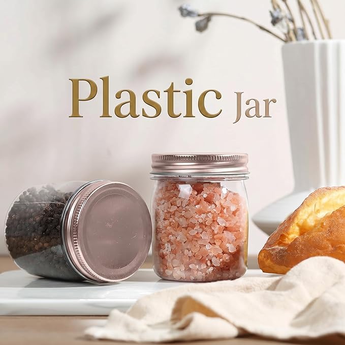 novelinks 8 oz Clear Plastic Jars with Airtight Lids, 16 Pack Plastic Mason Jars with Lids 8oz, Refillable Storage Slime Containers & Small Spice Jar for Kitchen Organization (16 Pack,Rose Gold)