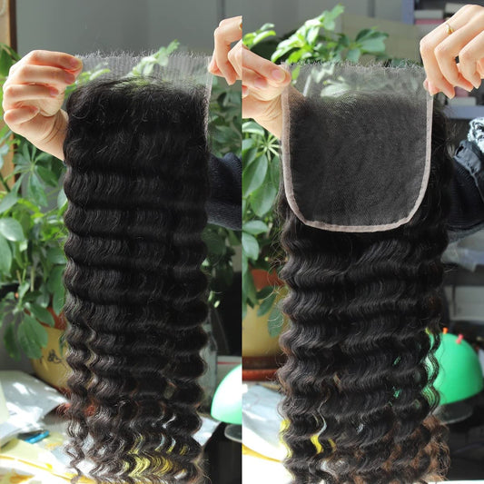 BEEOS 5x5 HD Lace Closure, Deep Wave Ultra-thin Invisible Skinlike Real HD Lace Human Hair Closure Unit Pre Plucked Natural Hairline 14 Inch