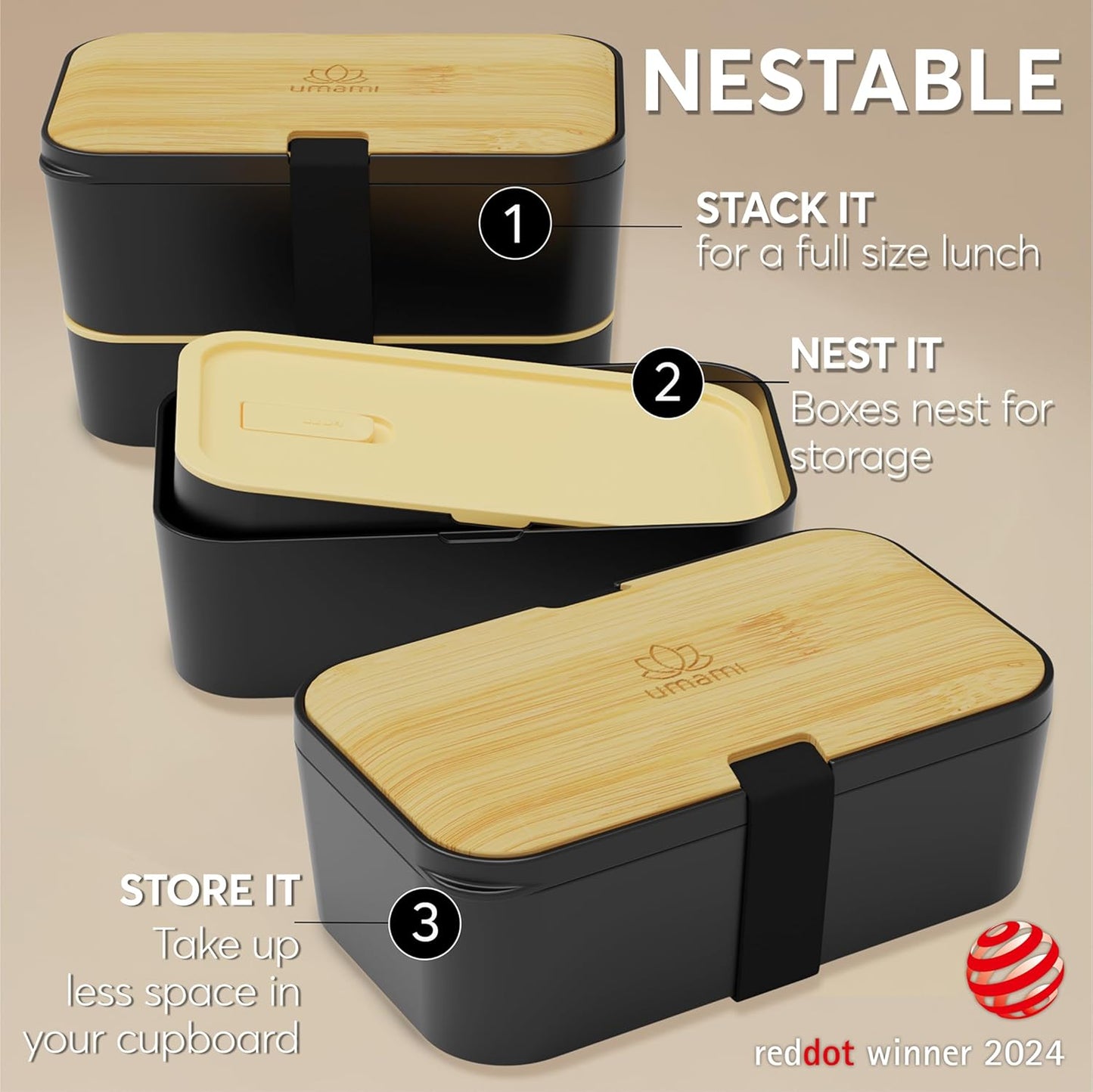 Umami Bento Box All-in-1 w/ 4 Utensils, 100% Leakproof, Dishwasher & Microwave Safe Lunch Containers for Adults w/ 4 Compartments, Black & Tan, 50 oz
