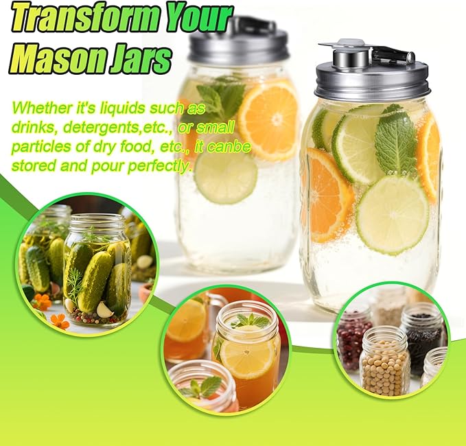 Mason Jar Pour Spout Lid Stainless Steel, Regular Mouth Pour Spout Flip Cap Lids for Mason Jars, Anticracking Leak Proof Seal Cover Airtight for Drinking Salad Dressing & Food Storing(2PCS)