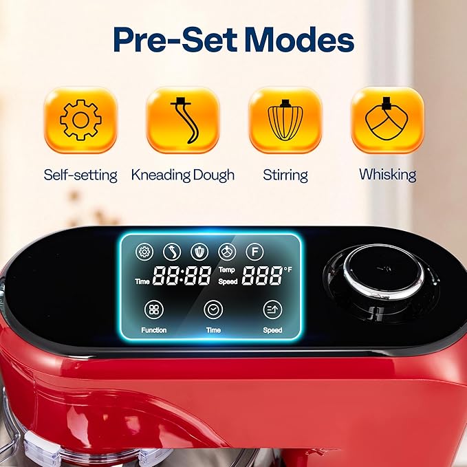 VIVOHOME Stand Mixer with Fermentation, One-Touch Presets Electric Dough Mixer with 6 Qt Bowl, Kitchen Standing Mixer for Baking, Cake with Flex Edge Beater, Bread Hook, Whisk, Red