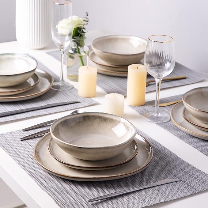 AmorArc Ceramic Dinnerware Sets,Handmade Reactive Glaze Stonewre Plates and Bowls Sets,Highly Chip and Crack Resistant | Dishwasher & Microwave Safe Dishes Set,Service for 4 (12pc)
