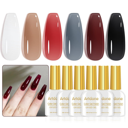 Artdone Sheer Gel Nail Polish Set Jelly UV Gel 6 Colors Translucent Milky White Black Red Brown Colors Nail Polish For All Seasons Neutral Soak off LED Lamp Gel Manicure Kit For Nail Art