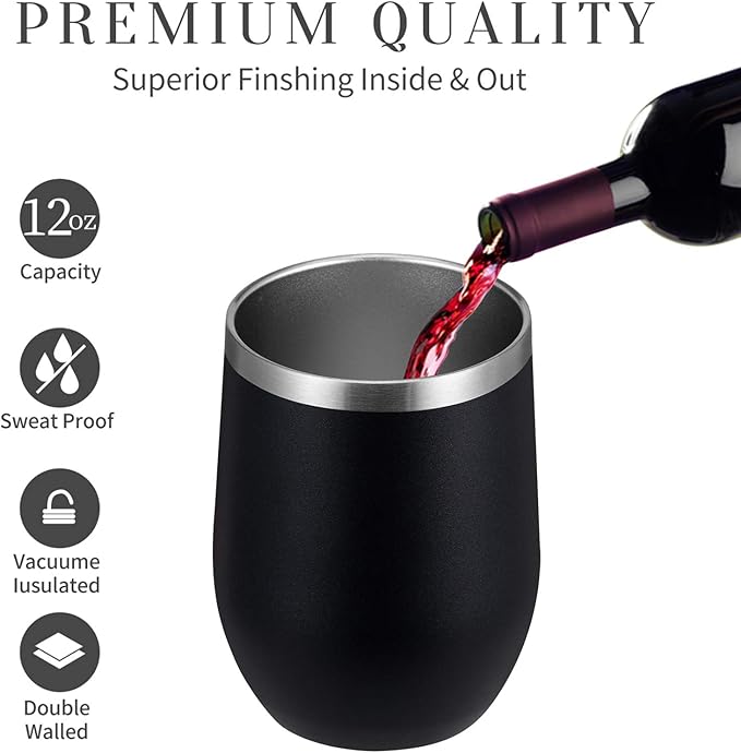 MEWAY 12OZ/8 Pack Wine Tumbler Glasses with Lid - Stemless Double Wall Vacuum Stainless Steel Travel Tumbler - Keeping Cold & Hot for Wine,Coffee,Cocktails,Drinks-Family and Gifts (Black,Set of 8)