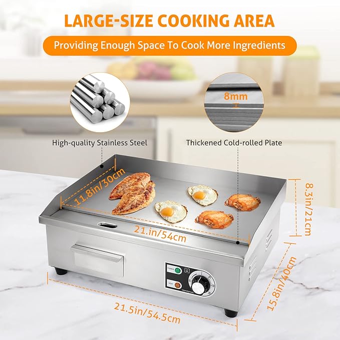 WICHEMI Commercial Electric Griddle 22" 3000W Flat Top Grill Countertop Griddle Stainless Steel Teppanyaki Grill w/Iron Cooking Plate for Restaurant Kitchen, 110V