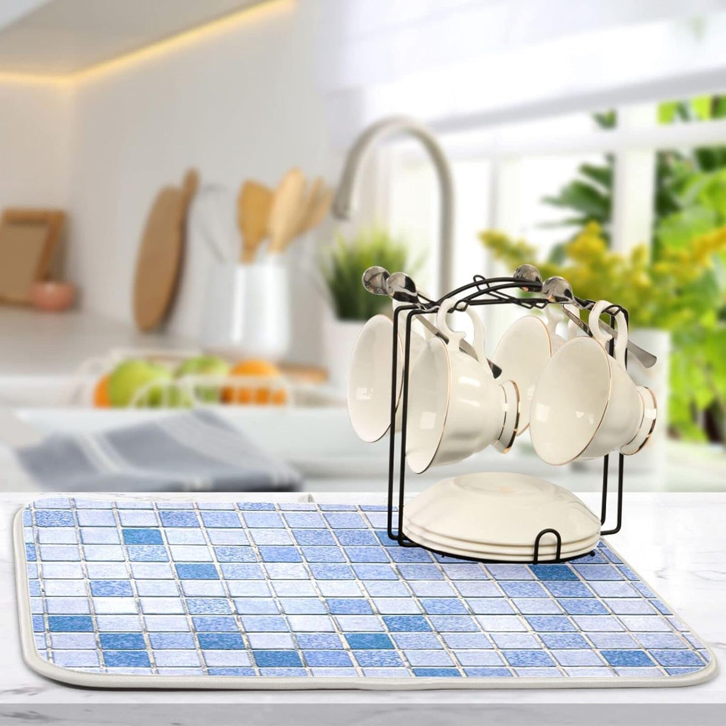 Super Absorbent Dish Drying Mat, Microfiber Fast-Drying Dish Mat, 16" x 18", Kitchen Dish Drying Pad, Mosaic Pattern