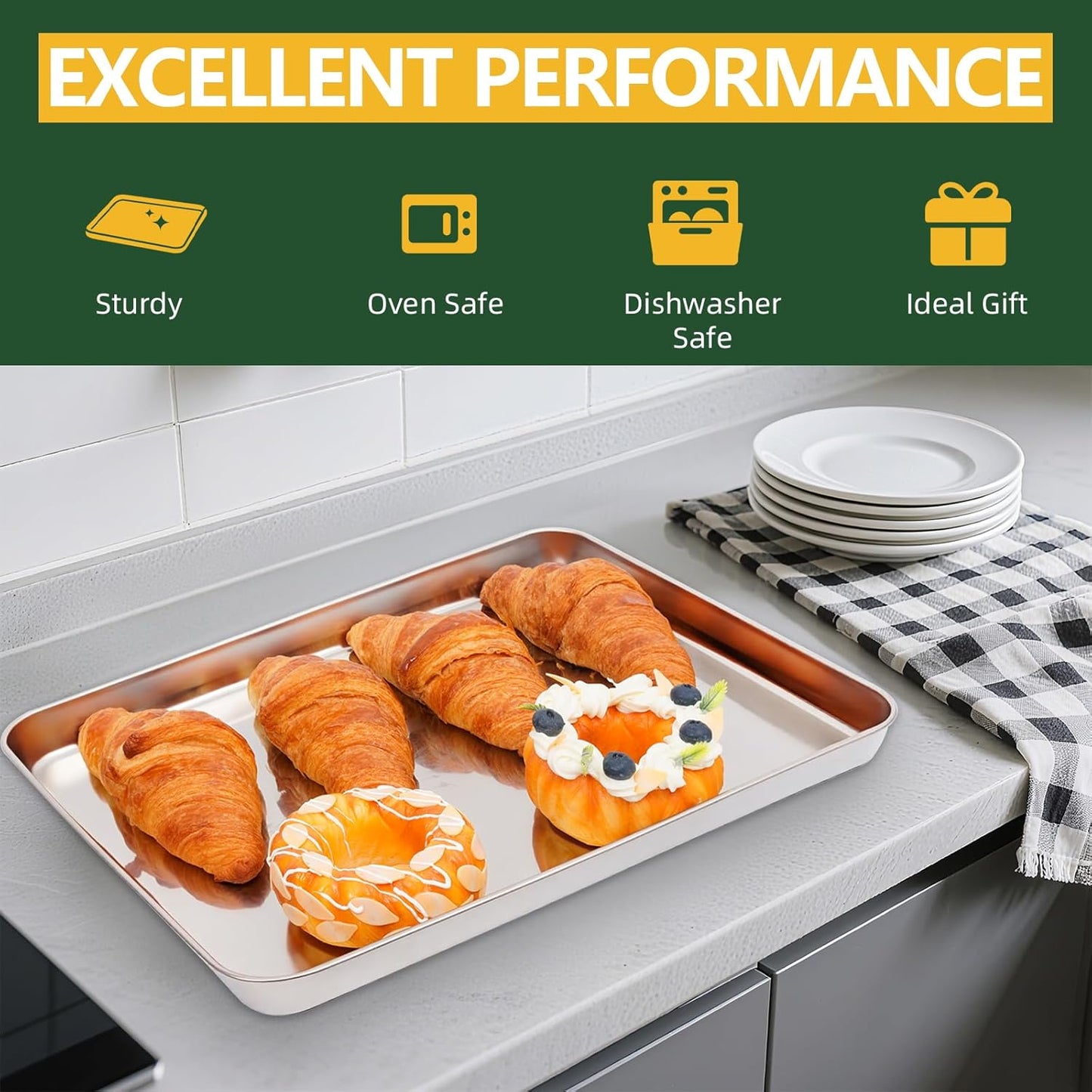 KEKEGO 4-piece set Multipurpose 304 Stainless Steel Baking Tray with Cooling Rack, 10/12/16 Inch,Rectangular Pan for Baking, Grilling, Food Prep, Draining, Non Toxic & Heavy Duty & Easy Clean