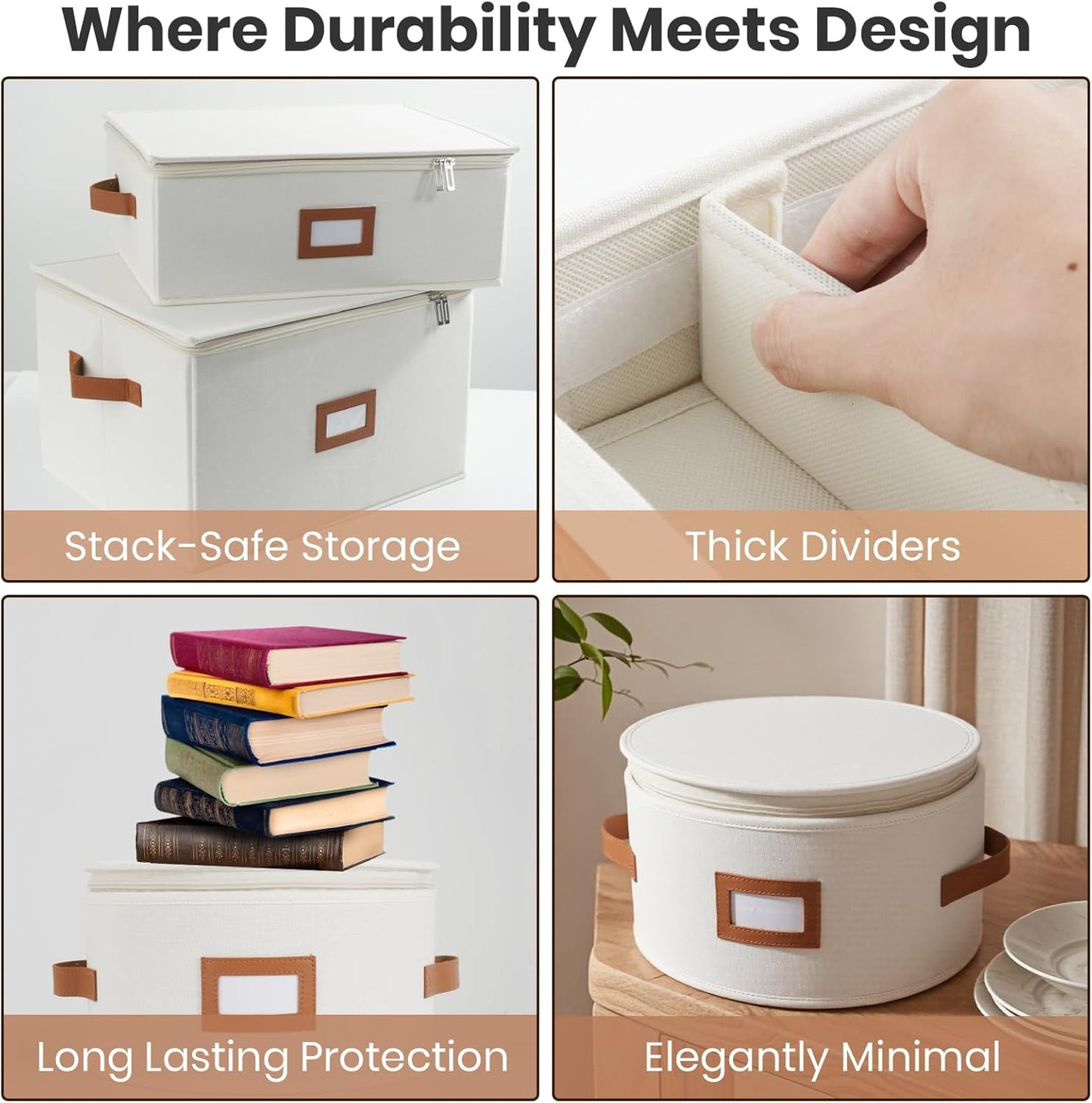 HOMELUX THEORY Flatware Storage Hard Shell China Storage Containers - Ivory Silverware Organizer, Cutlery & Silverware Storage Box with 5 Dividers & Lid, Packing Heavy Duty Moving Box with Handles