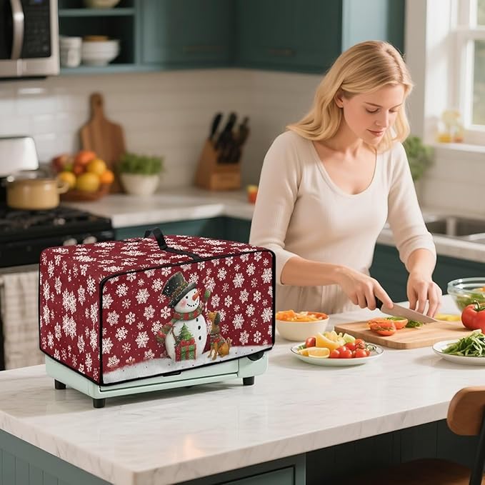Toaster Oven Dust Cover with Storage Pockets, Protective Decorative Smart Oven Cover for for Kitchen Countertop, L, Snowman Dachshund Dog Snowflake Red Christmas Decor