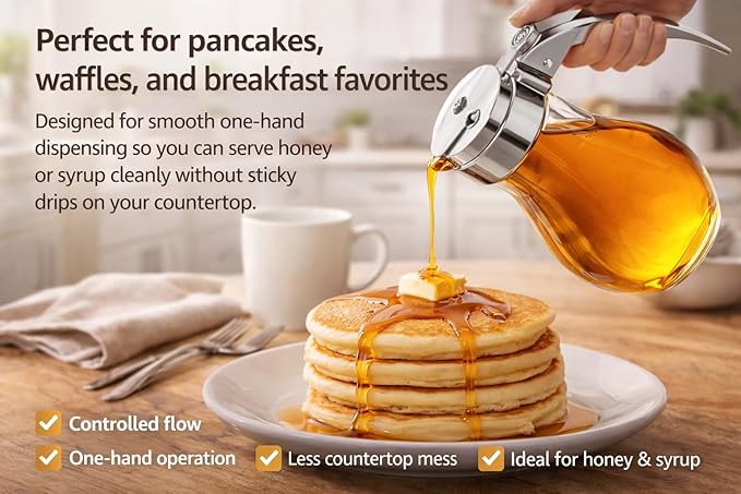 EHOMEA2Z Glass Honey Dispenser, 14 oz Syrup Dispenser with Metal Top, Maple Syrup Dispenser for Kitchen & Dining Table (1, 14 Oz)
