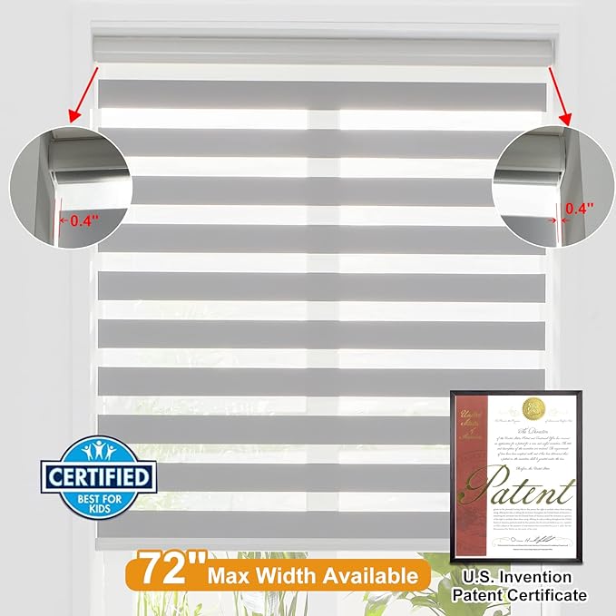 Persilux Cordless Zebra Blinds for Windows (35" W X 64" H, Grey) Free-Stop Roller Windows Shades Dual Layer Light Control for Day and Night, Light Filtering Sheer Shades for Home, Easy to Install