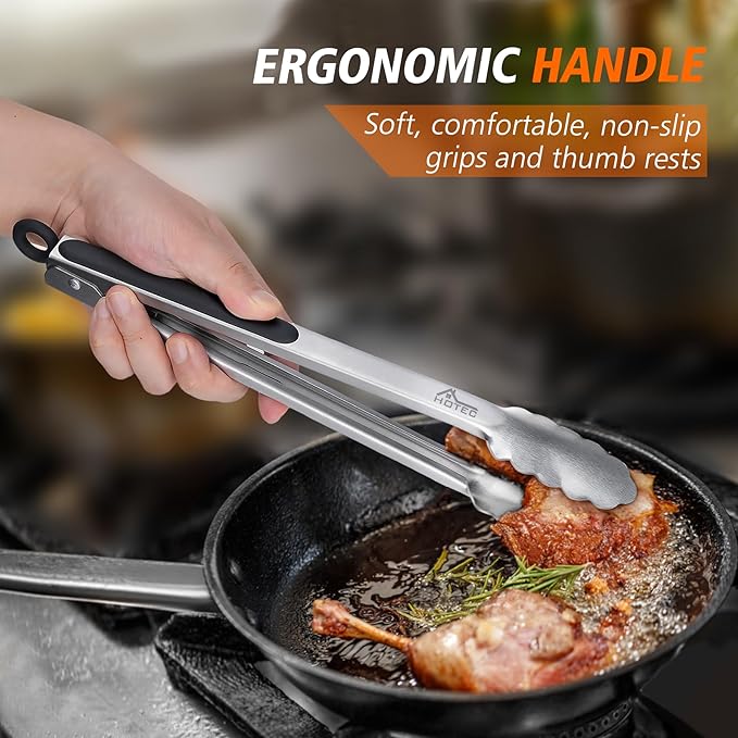 Hotec Stainless Steel Kitchen Tongs, Set of 3-7", 9" and 12", Locking Metal Food Tongs for Cooking, Serving, BBQ, Grill Non-Slip Grip