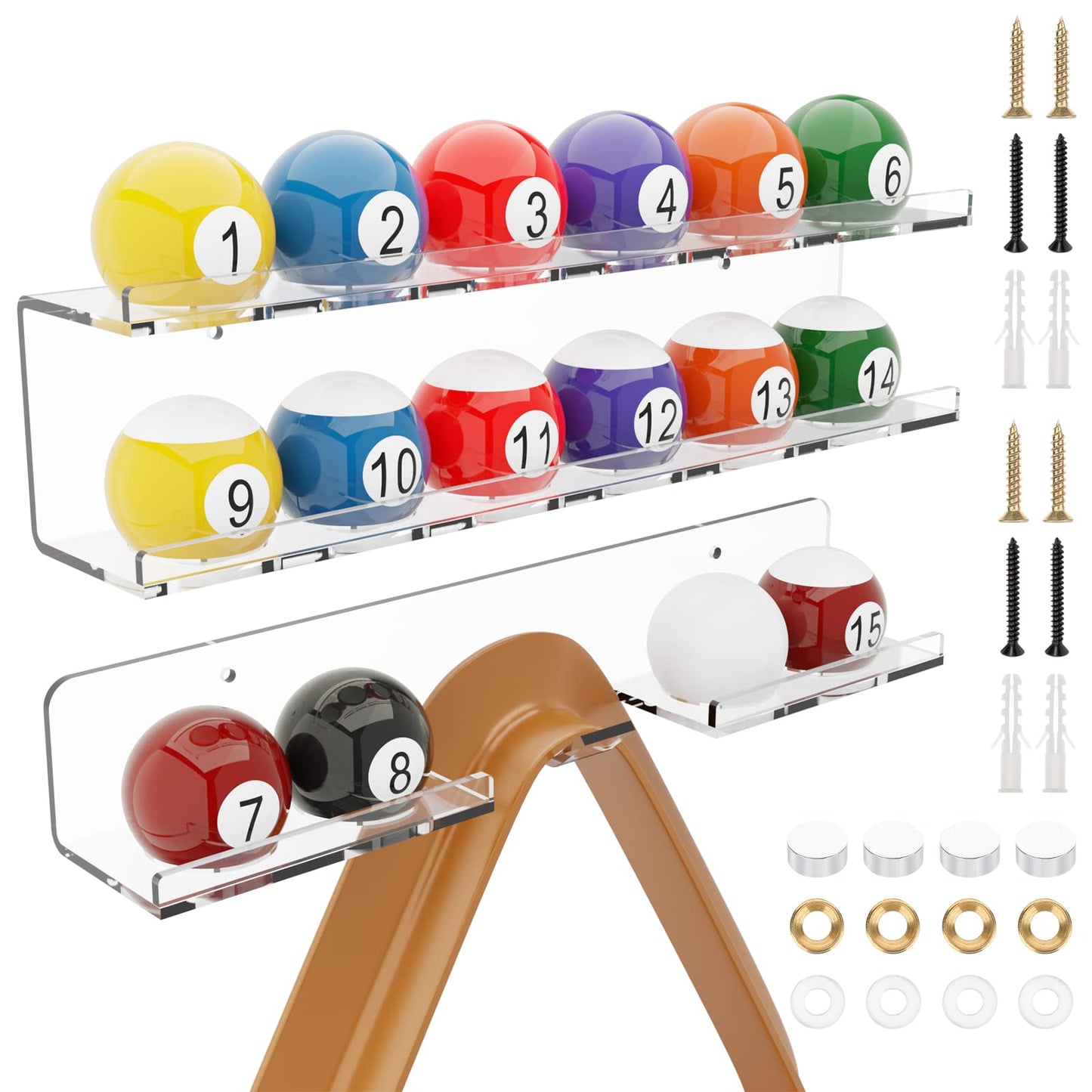 Cosmos Acrylic Billiard Ball Storage Shelf Set Pool Ball Wall Mount Rack Pool Accessory Wall Holder for 16 Balls Billiard Pool Ball Cue Ball Billiard Ball Rack in Billiard Room Bar (Transparent Clear)