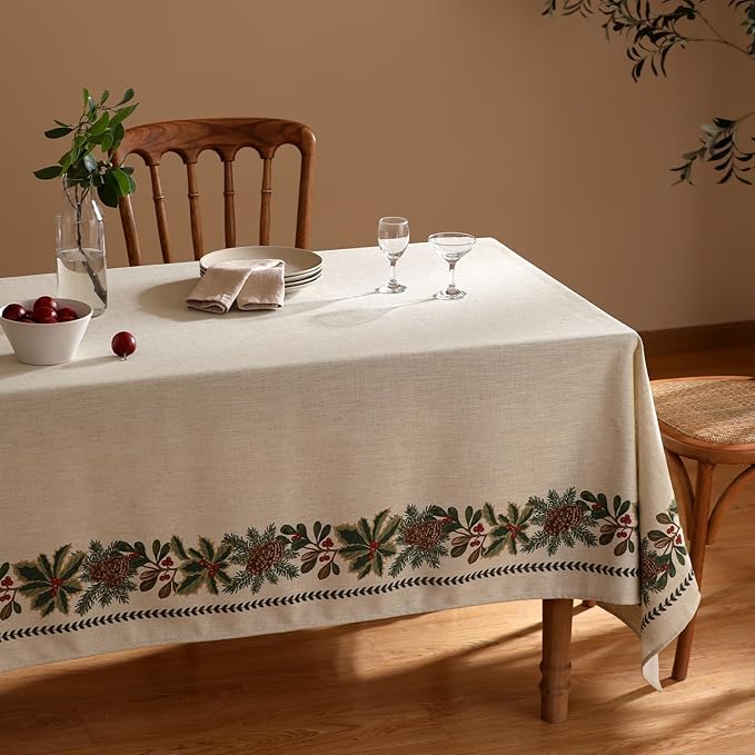 ISAENNE Designer Christmas Linen Long Tablecloth Rectangle,Light Beige Western Table Cloth,Wrinkle Resistant Decor Tablecloths for Dining Thanksgiving Kitchen Christmas,63"*102"-Carol G