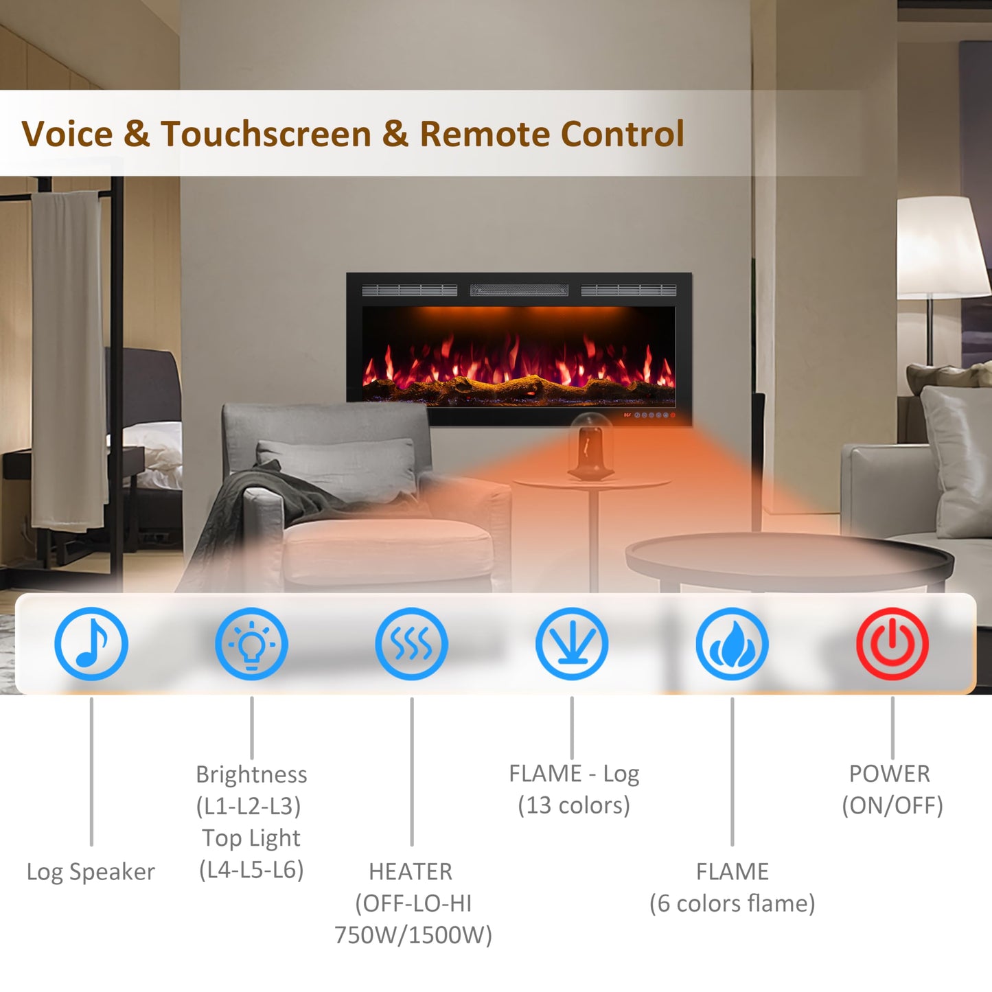 Mystflame 95 Inch WiFi-Enabled Electric Fireplace Inserts & Wall Mounted, Slim Electric Fireplace Heater, 750/1500w, Adjustable Flame Color, Remote Control & Touch Screen, Logs & Crystals, Black