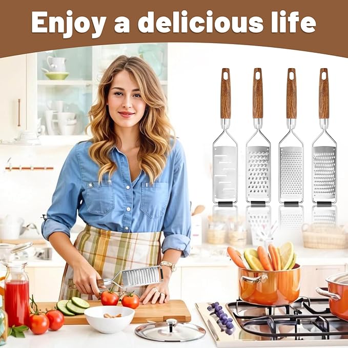 SHIKORI Stainless Steel Cheese Grater with Natural Wood Handle for Parmesan Cheese Lemon, Ginger, Cheese, Nutmeg, Potato, Chocolate and Garlic, With Protective Cover-Grinder
