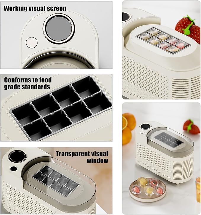 Mini Ice Maker Machine Counter Top for Home Office, Portable Clear Ice Cube Maker, 8 Cubes in 10 Mins, Low Noise, Easy Cleaning (White Car Power Cable)