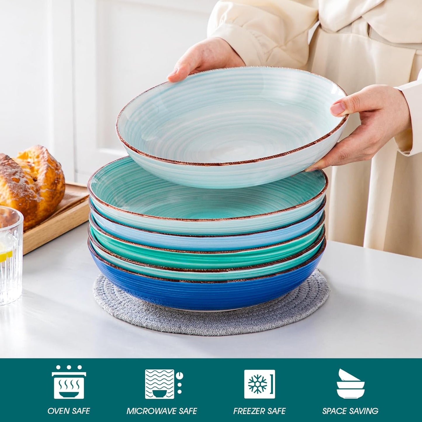 vancasso Bonita Pasta Bowls Set of 6, 50oz Large Salad Bowls for Kitchen, Stoneware Serving Bowls Dishwasher & Microwave Safe, Blue Bowl Set