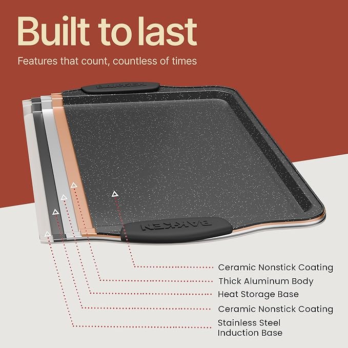 BAKKEN Kitchen Baking Pans - 15.15 x 10.03" Medium Nonstick Sheet, Durable Carbon Steel Cookie Sheet with Gray Silicone Handles, PFOA, PFOS, PTFE Free, Oven Safe Tray (Up To 450°F), Set of 1