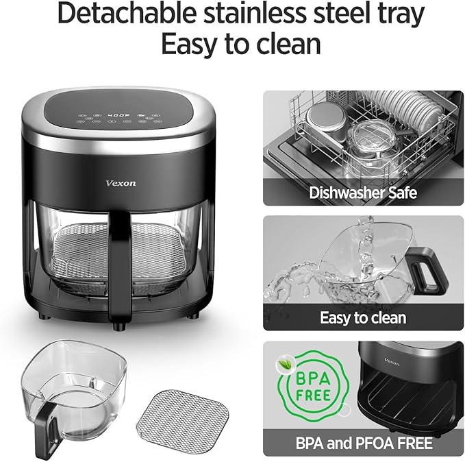 Vexon 4.5QT Air Fryer, 1200W Compact Hot Air Cooker with Visible Window, Nonstick Basket, Digital Touch Screen, Oil-Less Electric Air Fryer Oven for Healthy Cooking (Black)