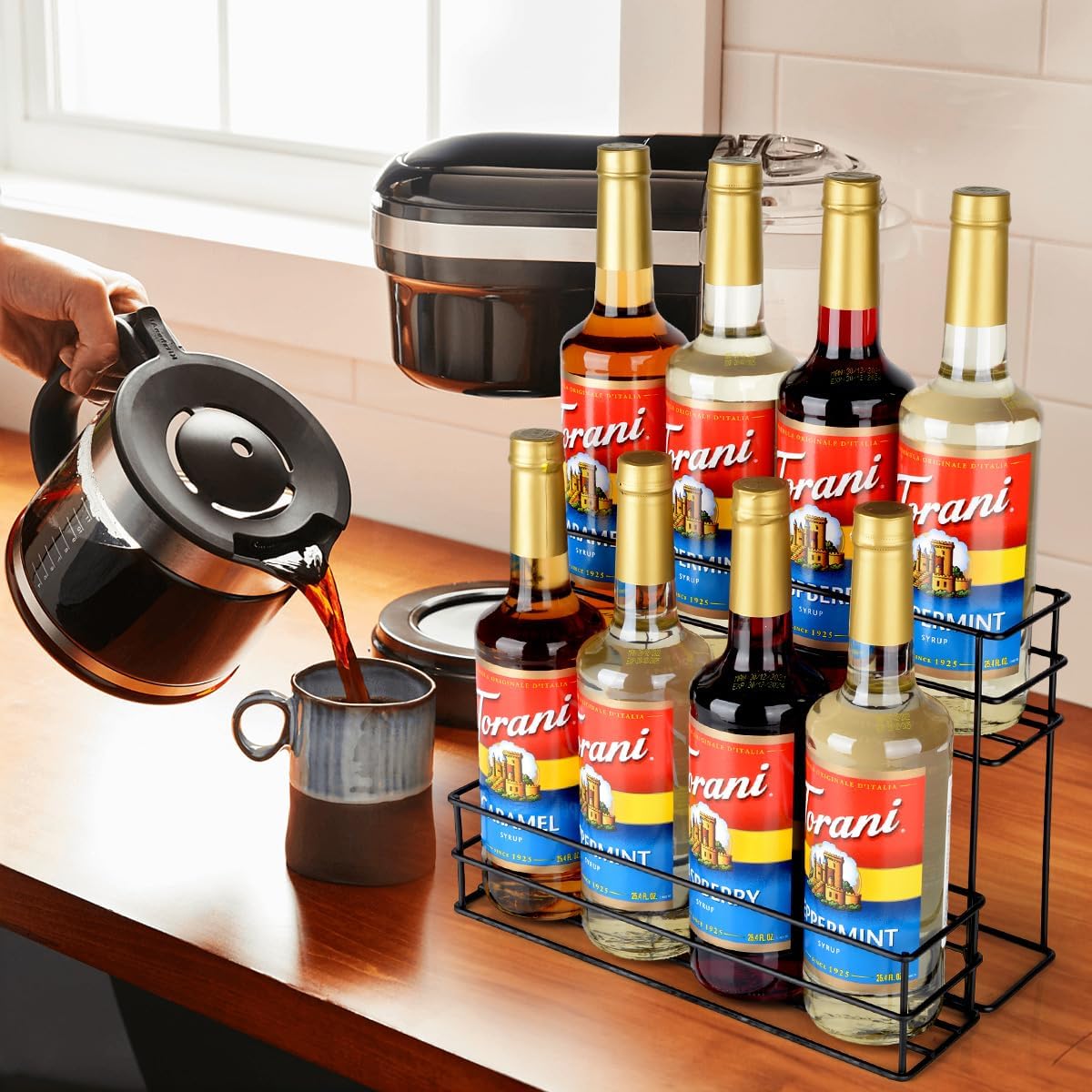 8 Bottle Capacity Coffee Syrup Organizer 2 Tier Coffee Syrup Stand Shelf for Coffee Bar Kitchen Small Wine Rack for Bar Family Storage for Syrup Wine Dressing