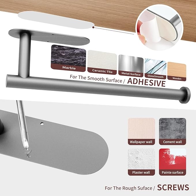DEKAVA Under Cabinet Wall Mount Paper Towel Holder, Self-Adhesive Bar, Stainless Steel 13 inch (Grey, 1)