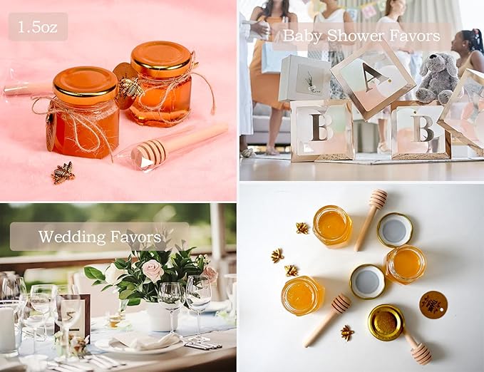 Adabocute Honey Pot, Glass Honey Jars, Small Honey Jars with Wooden Dippers, Bee Charms, Gold Gift Bags and Jutes Lids, Mini Honey Jars Baby Shower Favors, 1.5oz 40 Pack