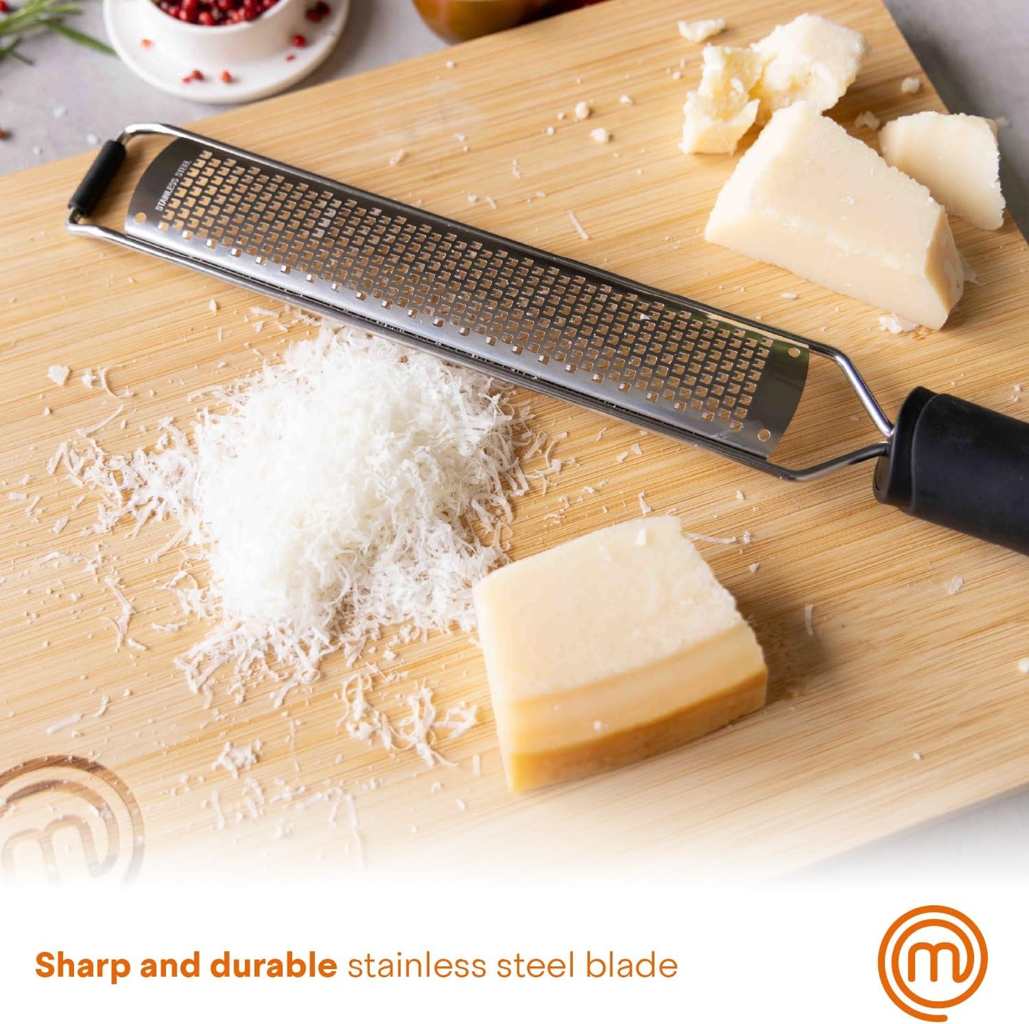 MasterChef Zester Grater with Handle, Kitchen Tool for Zesting Citrus Fruits & Finely Grating Parmesan Cheese, Garlic, Ginger, Coconut, Nutmeg, Wasabi, Chocolate etc, Stainless Steel