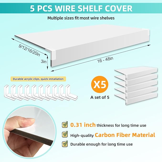 5 Pcs Wire Shelf Cover, 24X16X3 Inch Carbon Fiber Material Shelf Covers for Pantry Shelves(Not Wood), Waterproof Removable Closet Shelving Liner for Home Kitchen,Office Organization - White