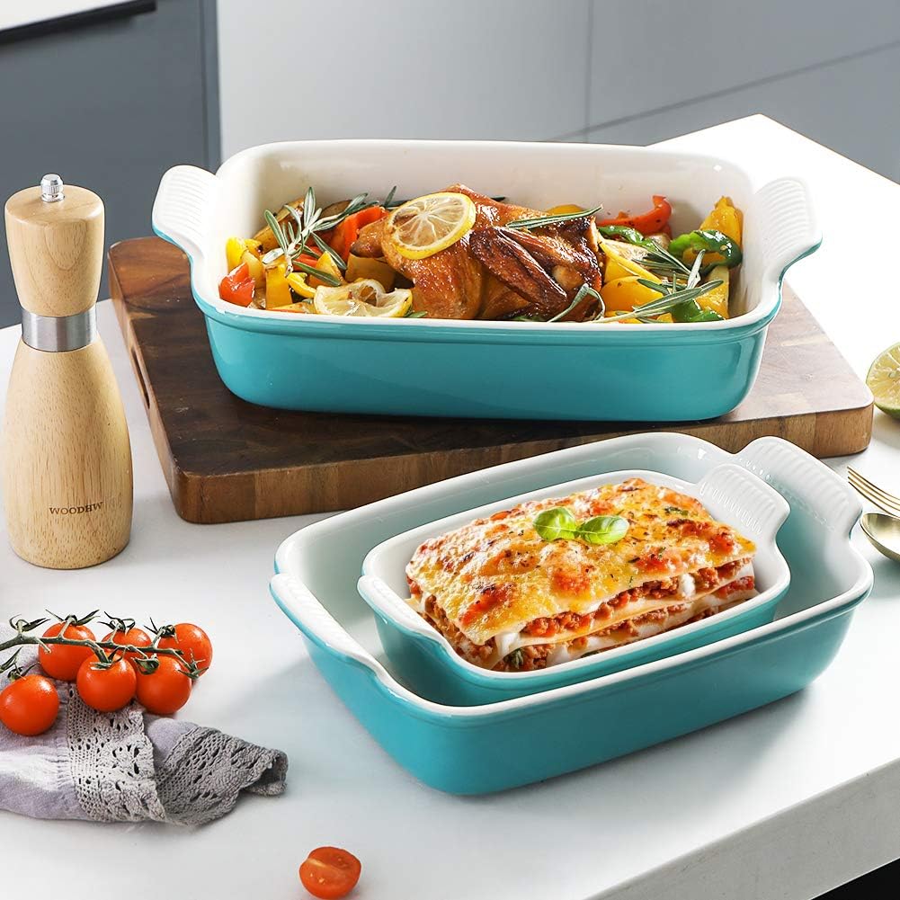 Sweejar Baking Pans Set, Ceramic 9x13 Baking Dish with Handle, Rectangular Casserole Dishes for Oven, Bakeware Sets of 3, Durable Lasagna Pan Deep for Kitchen, Banquet, Wedding Gift(Turquoise)