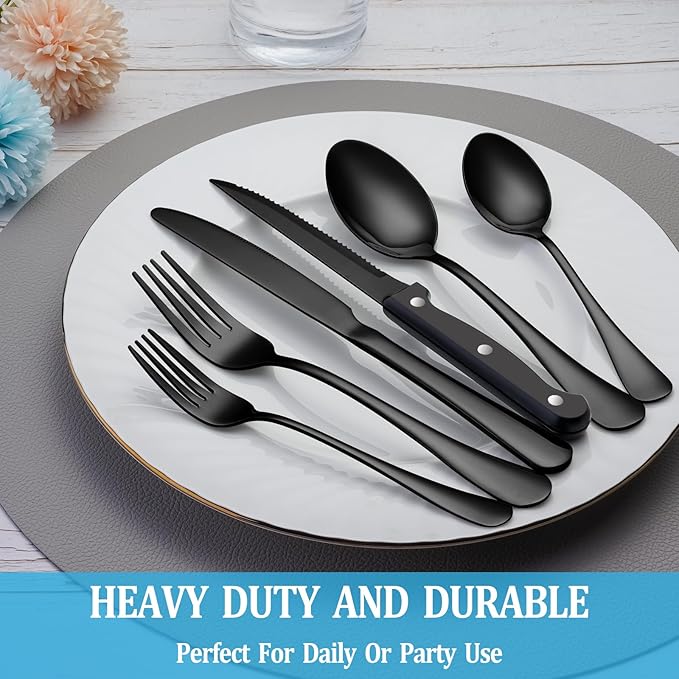 48 Pcs Black Silverware Set with Steak Knives, Stainless Steel Flatware Cutlery Set Service for 8, Kitchen Tableware Set, Utensil Set for Home and Restaurant, Knives Forks Spoon Set, Dishwasher Safe