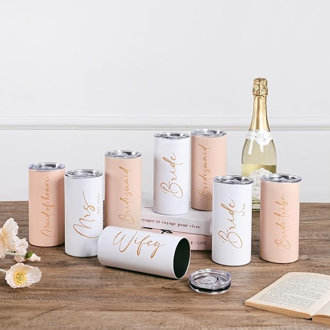 Bridesmaid Proposal Gifts Set of 5 Bachelorette Gifts for Bridesmaids Maid of Honor Cups Wedding Party Favors Stainless Steel Skinny Tumbler with Lid and Straw 15 OZ