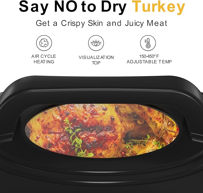 HEYNEMO Turkey Roaster Electric, 24 Quart Oven with Self-Basting Lid, Removable Pan and Rack, Adjustable Temperature Control Powerful 1450W Stainless Steel Oven, Silver