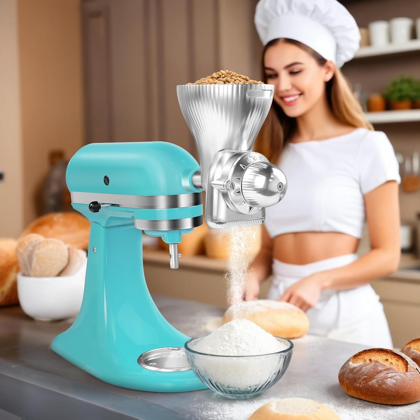 Grain Mill Attachment for Kitchenaid Stand Mixer, Kitchen Aid Accessories and Attachments Flour Mill, Mixer Attachment Wheat Grinder Fit for Grinding Wheat, Corn, Oats, Buckwheat and Other Cereals