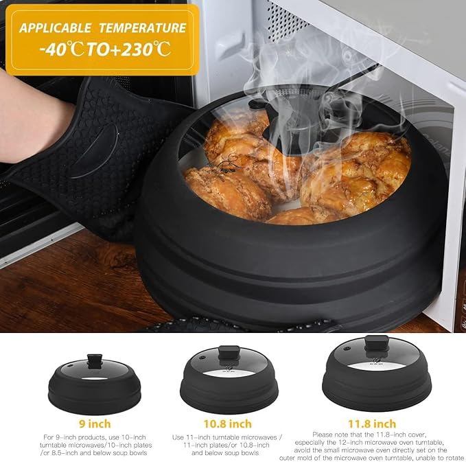 Microwave Splatter Cover Glass Splatter Guard Lid with Collapsible Silicone for Food Pot Cover Plate Cover 10.8 inch Black