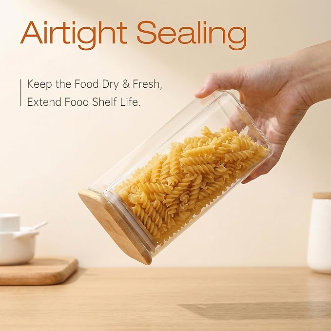42oz & 27oz - 4 Pack Square Glass Jars with Bamboo Lids, Glass Food Storage Containers with Airtight Lids for Kitchen, Air Tight Pantry Storage Containers for Cereal, Pasta, Rice, Sugar, Coffee, Spice