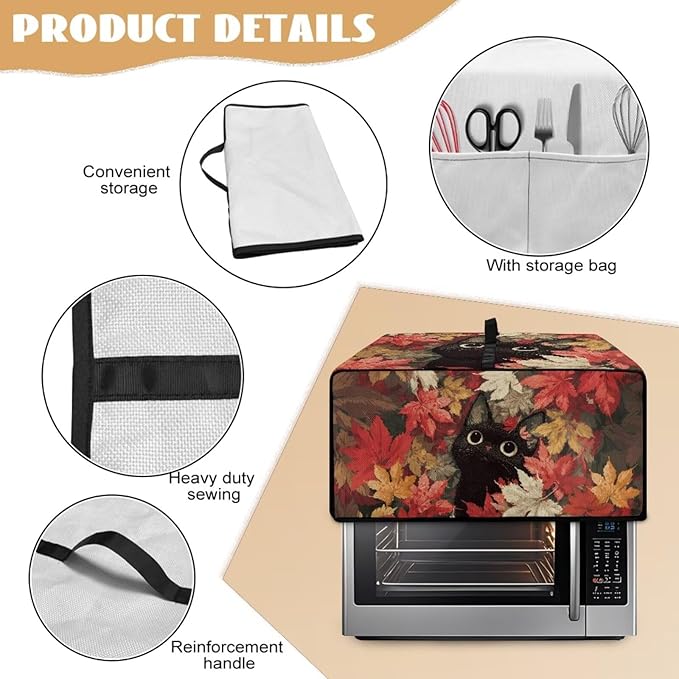 Air Fryer Toaster Oven Dust Cover Dust Protection Countertop Convection Oven Cover Stain-resistant Kitchen Appliance Protector, L, Black Cat Maple Leaf Fall Decor
