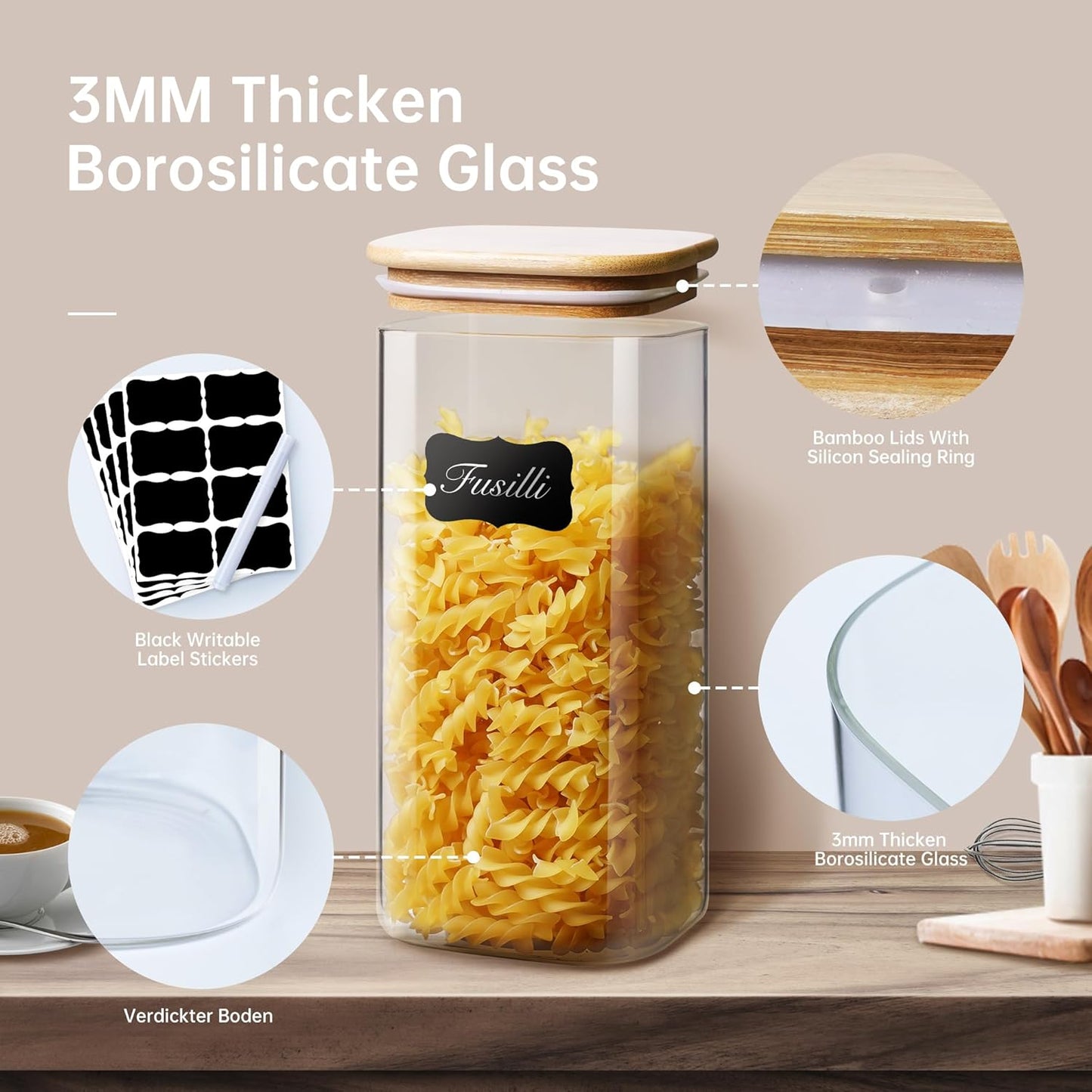 Square Glass Jars with Bamboo Lids 27 FL OZ [Set of 6], Glass Canisters with Airtight Lids, Glass Food Storage Containers for Coffee, Sugar, Tea, Candies, Cookies,Best for Kitchen & Pantry