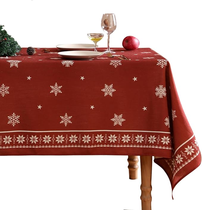 ISAENNE Designer Christmas Red Extra Long Rectangle Tablecloth,Linen Table Cloth with Snowflakes Pattern,Wrinkle Resistant Decor Tablecloths for Dining Kitchen Thanksgiving,63"*110"-Carol C