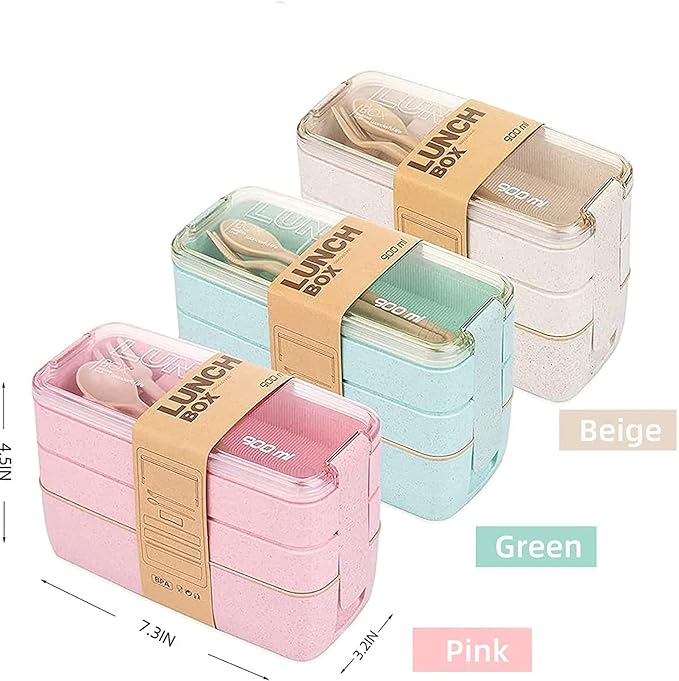 Rarapop Green Stackable Bento Lunch Box Kit, 3-In-1 Compartment Wheat Straw Lunch Containers with Tableware, Reusable On-the-Go Meal and Snack Containers