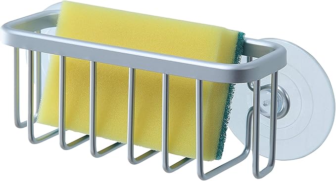 SunnyPoint NeverRust Kitchen Sink Suction Holder for Sponges, Scrubbers, Soap, Kitchen, Bathroom, 6"L x 2.36" W x 2.56"H , Aluminum (Mat Silver, Set of 1)