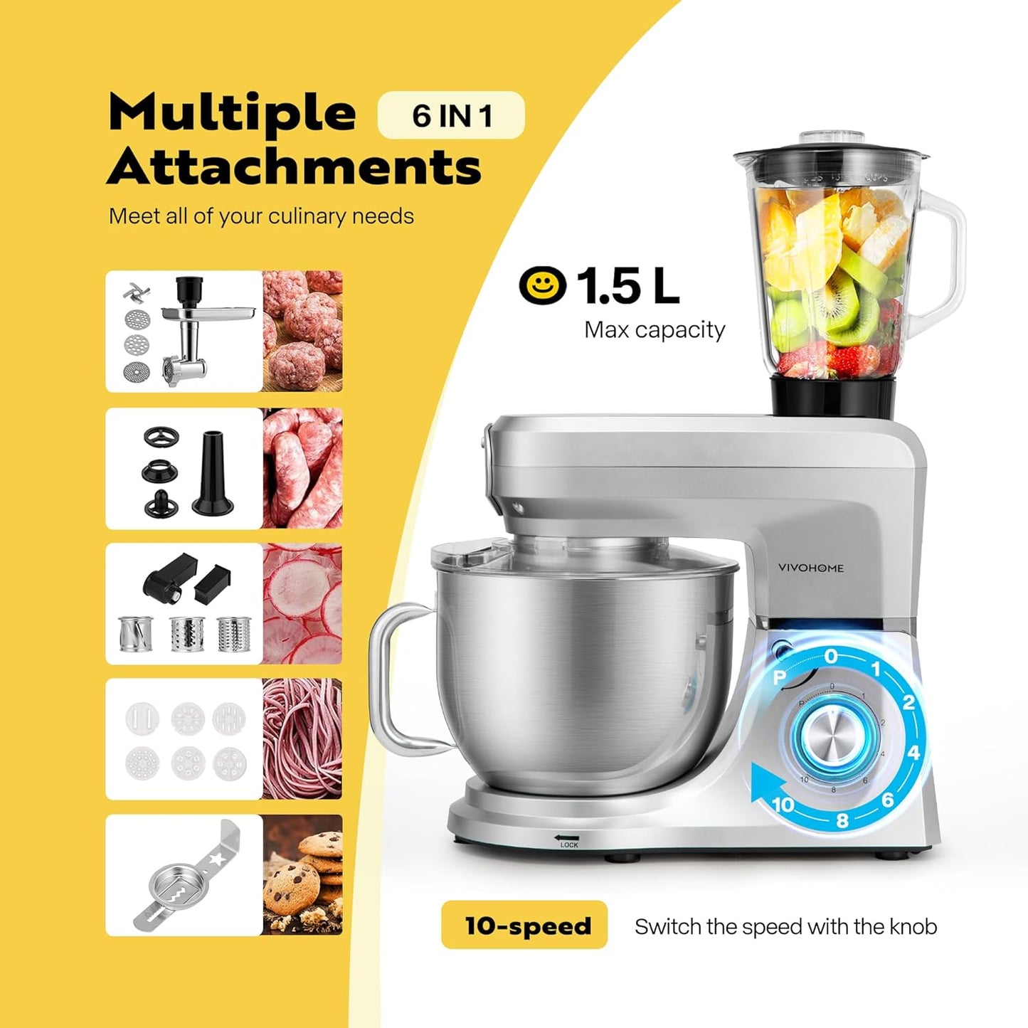 VIVOHOME 6 in 1 Multifunctional Stand Mixer with 8.5 Quart Stainless Steel Bowl, 660W 10 Speed Tilt-Head Meat Grinder, Juice Blender, Vegetable Slicer, Pasta and Cookie Maker, Silver