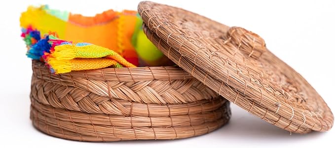 Authentic Mexican Tortilla Warmer Basket - Pine Needle Handwoven with Handloomed Cloth (Natural 10" w cloth)