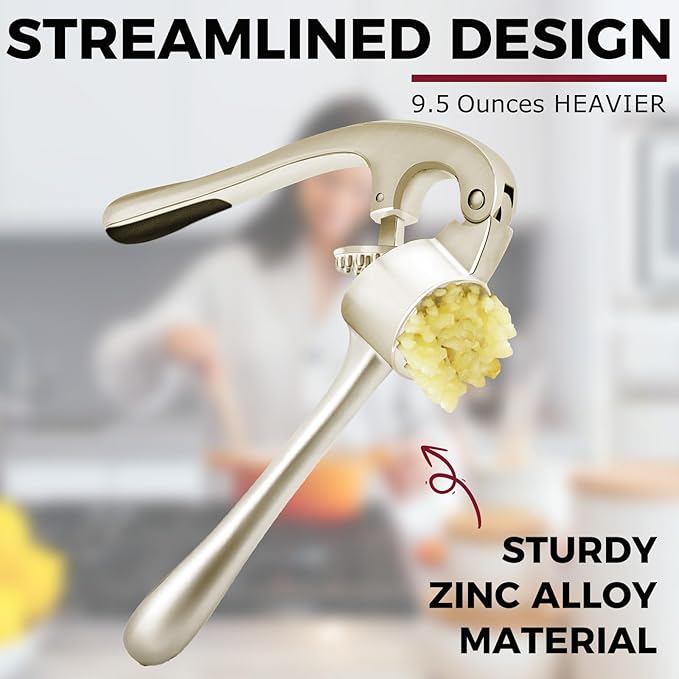 Kitessensu High Effective Garlic Press With Studs, Heavy Duty Garlic Mincer, Easy to Squeeze and Clean, Rust Proof & Dishwasher Safe, Ginger Crusher- Imperial Silver