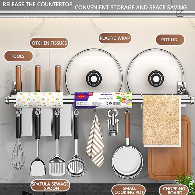 Hanging Wall Mount knife Wall Mount, Kitchen Organizer Storage Shelf for Utensils Spatula Spoon, Space-Saving Knife Rack with Hooks,Wall-Mounted Utensil Holder (Grey, 60CM+Single Pole+10Hooks)