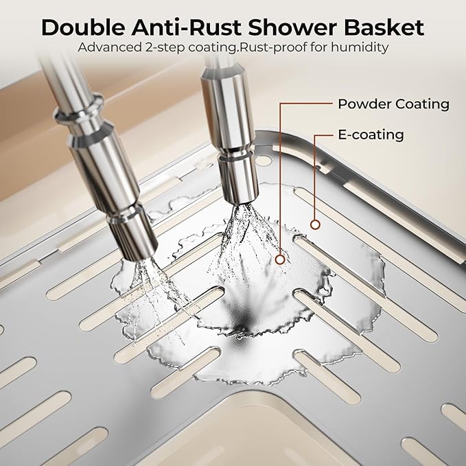 Orimade Rustproof 4 Tier Floor Standing Corner Shower Caddy Organizer with Toothbrush Holder, Large Spacing Floor Shower Shelf Rack Storage Stands with Hooks for Bathroom Kitchen, Silver